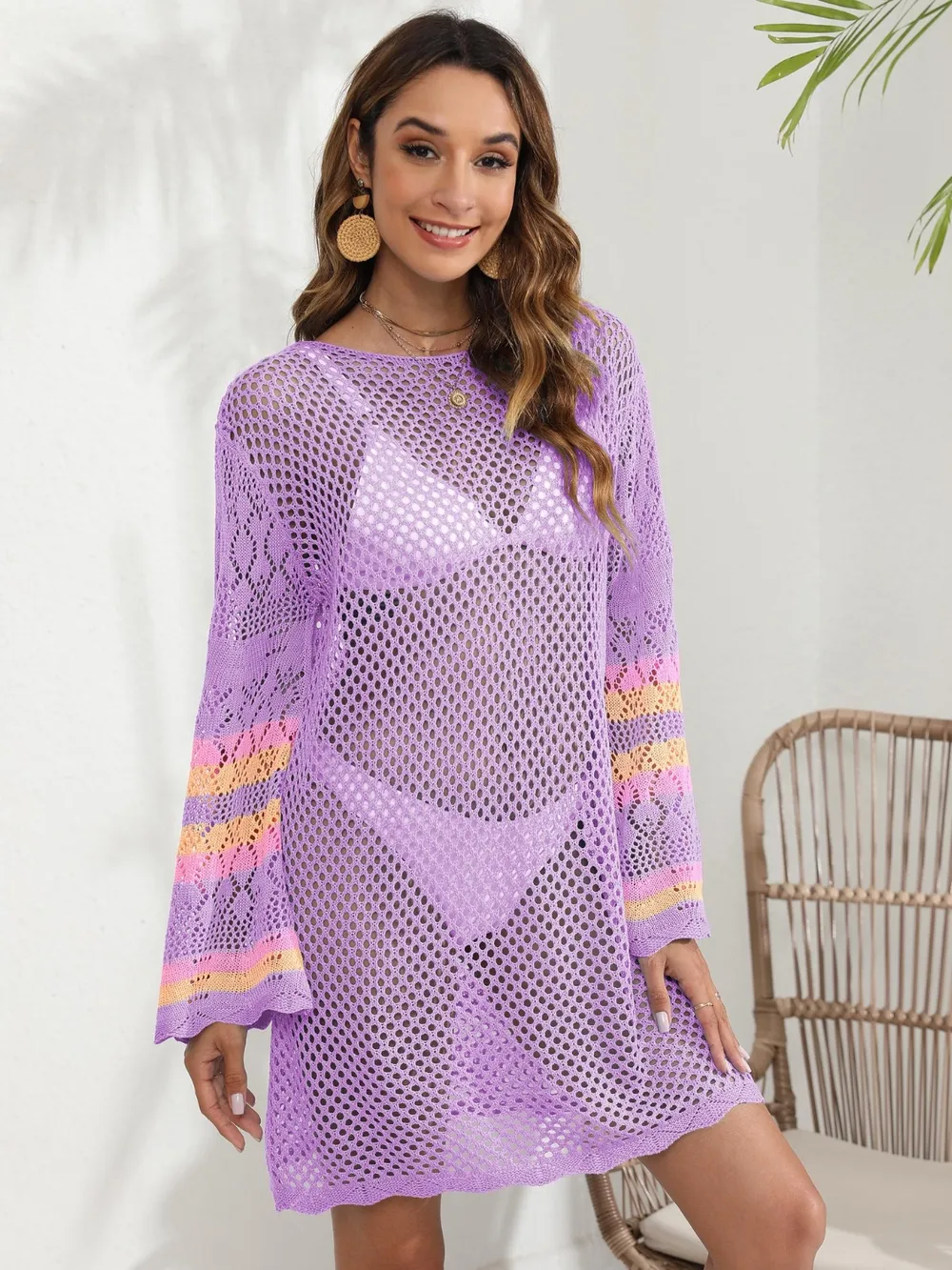 Openwork Contrast Long Sleeve Cover-Up, image 8