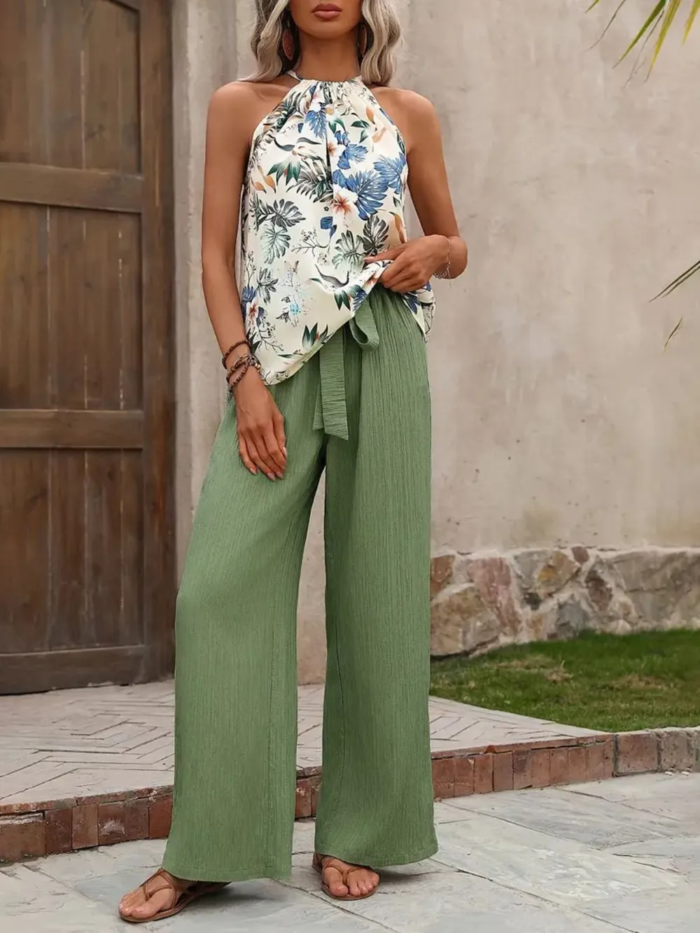 Printed Tank Top and Wide Leg Pants Set, image 3