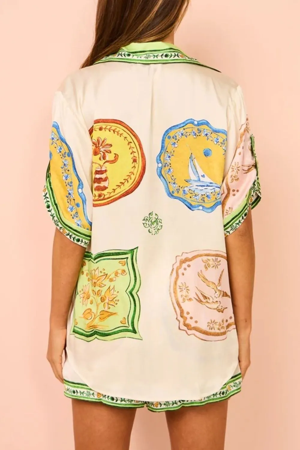 Printed Short Sleeve Button Down Top and Shorts Set, image 3