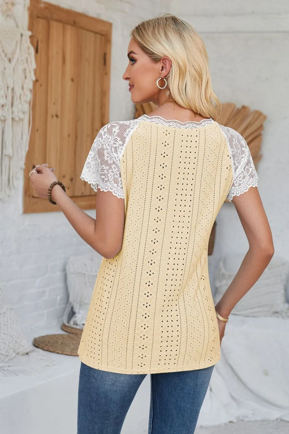 Eyelet V-Neck Lace Short Sleeve T-Shirt, image 2