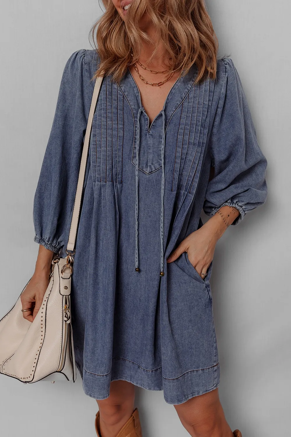 Tie Neck Long Sleeve Mini Denim Dress, image 3