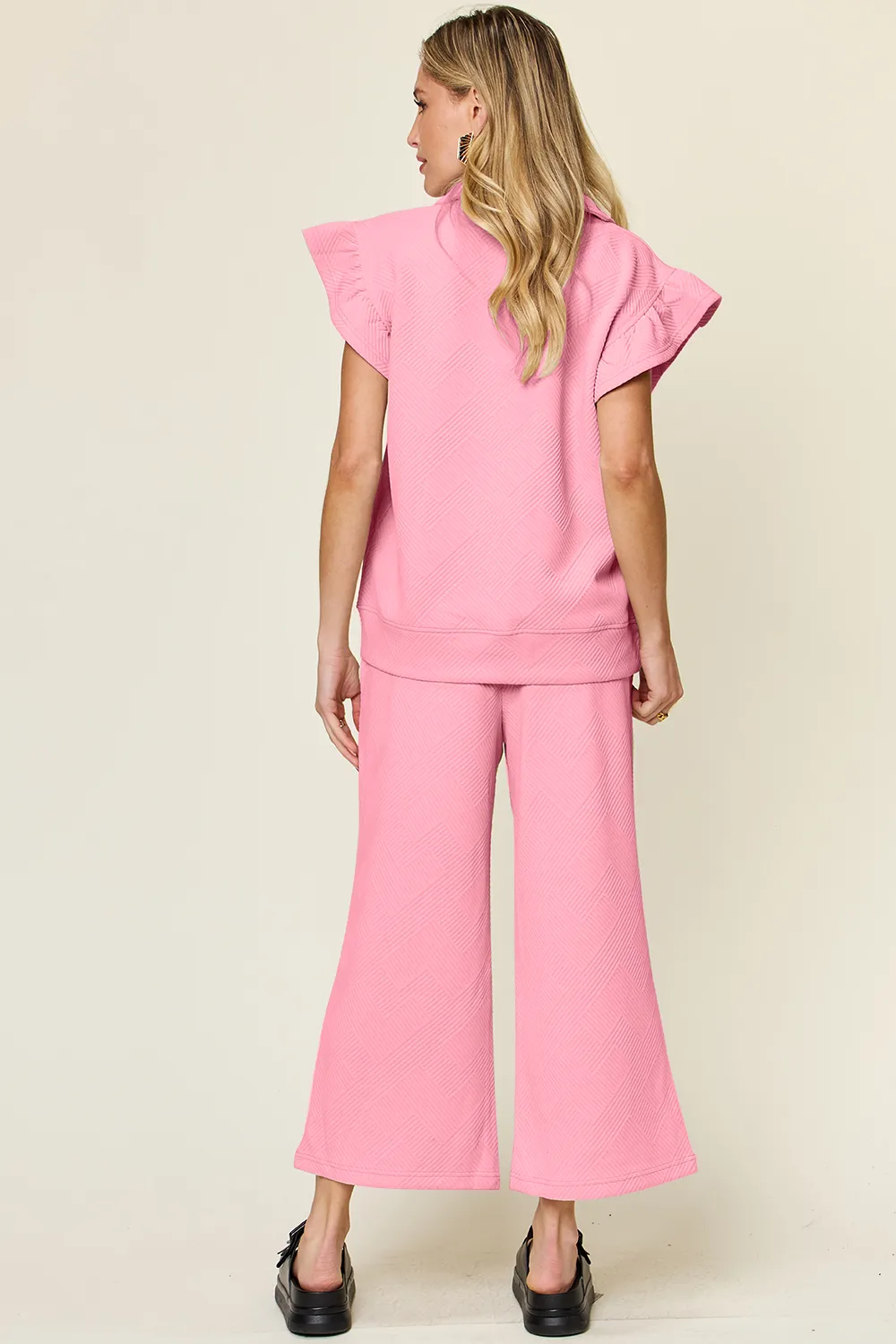 Texture Ruffle Short Sleeve Top and Drawstring Wide Leg Pants Set, image 4