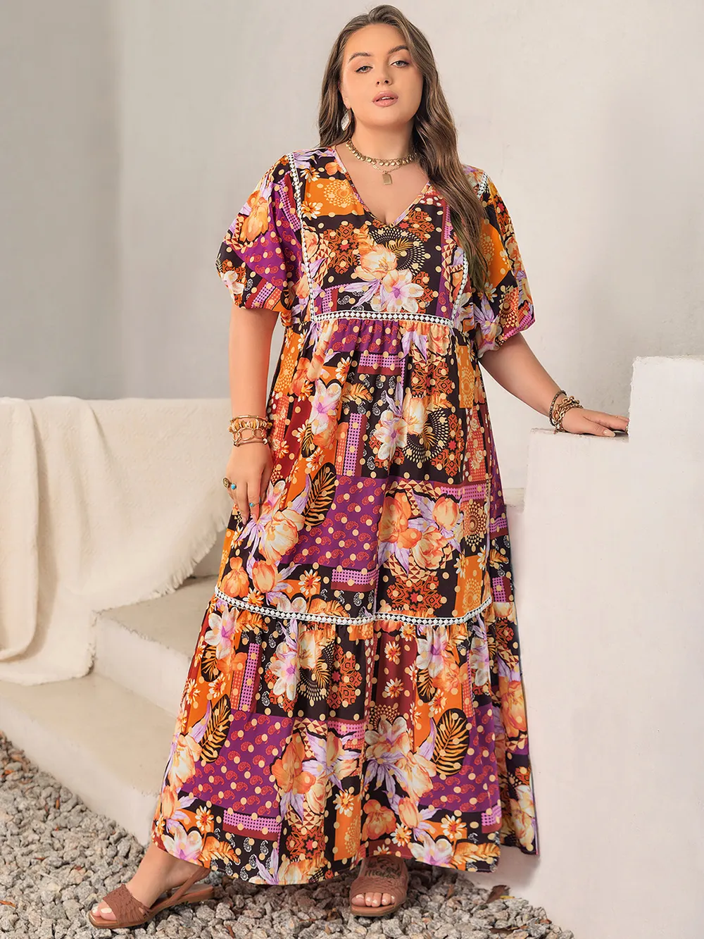Plus Size Printed V-Neck Half Sleeve Maxi Dress, image 2