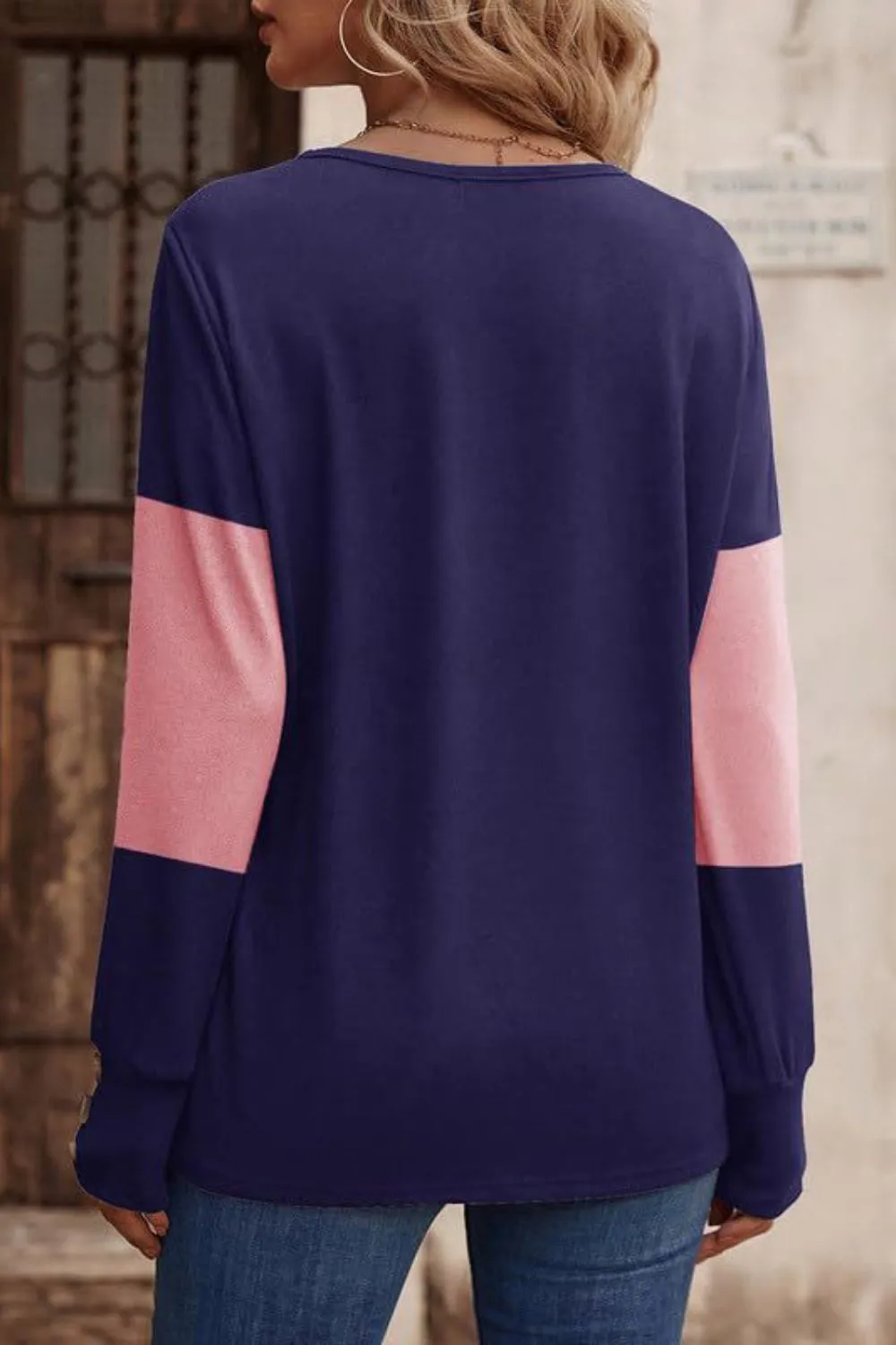 Decorative Button Contrast V-Neck Long Sleeve T-Shirt, image 3