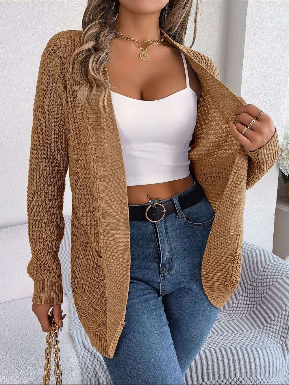 Chunky Knit Open Front Cardigan with Pockets, image 4