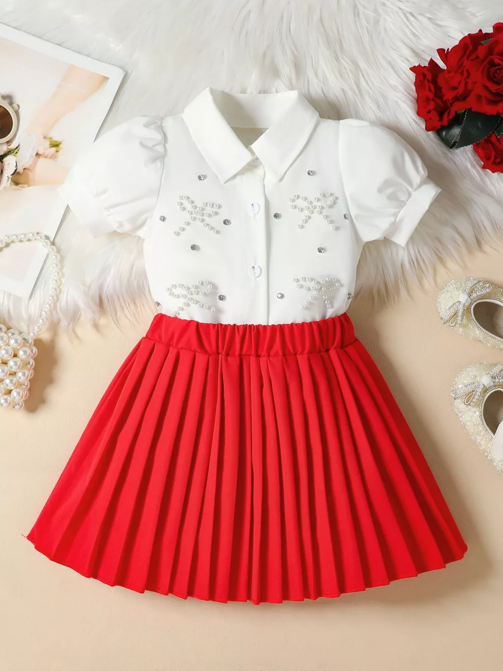 Children's Bow-Embellished Top & Pleated Skirt Set, image 7