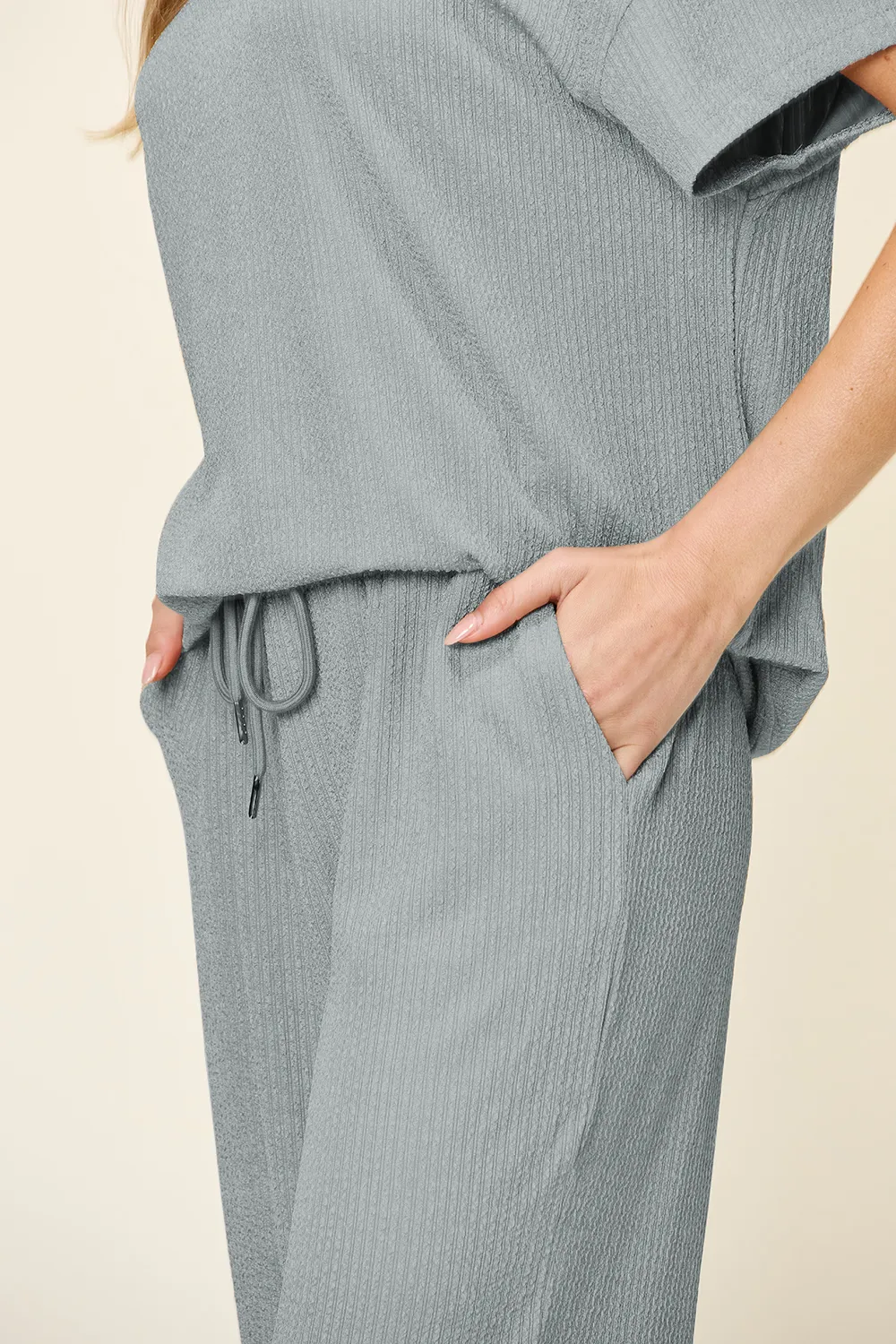 Full Size Texture Round Neck Short Sleeve T-Shirt and Wide Leg Pants, image 2