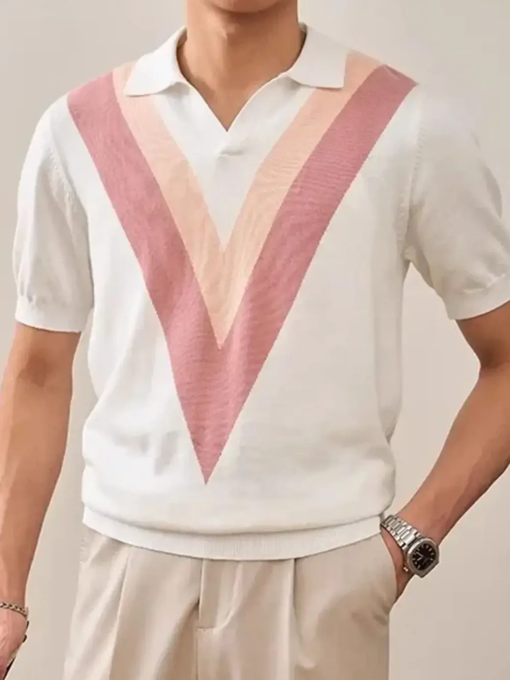 Men's Plus Size V-Pattern Contrast Knit Polo Shirt, image 18