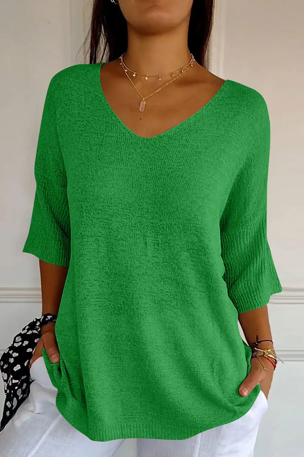 V-Neck Three-Quarter Sleeve Knit Top, image 7
