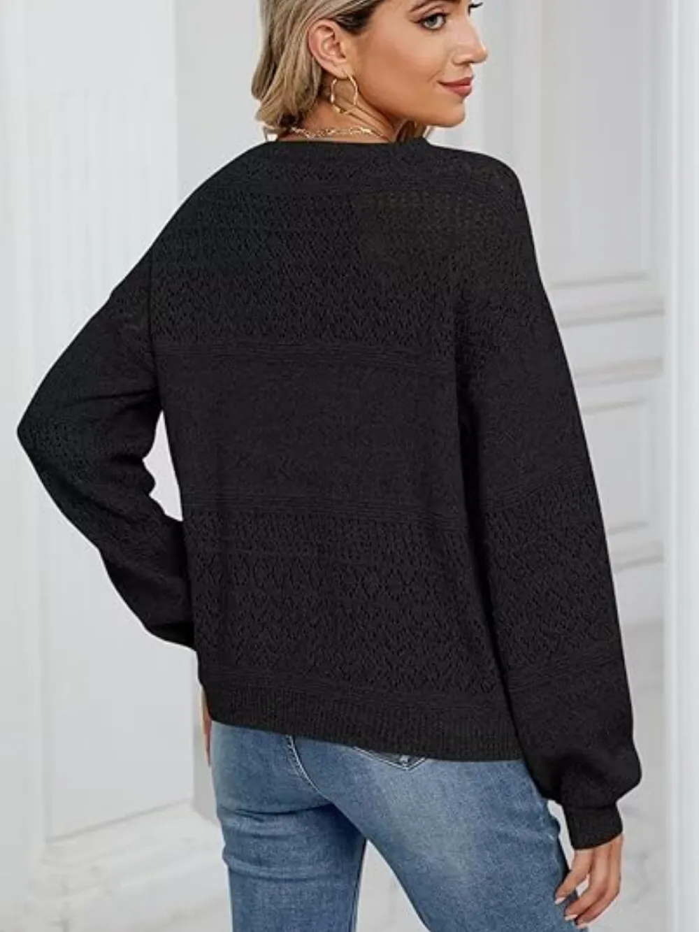 Eyelet V-Neck Long Sleeve Sweater, image 14