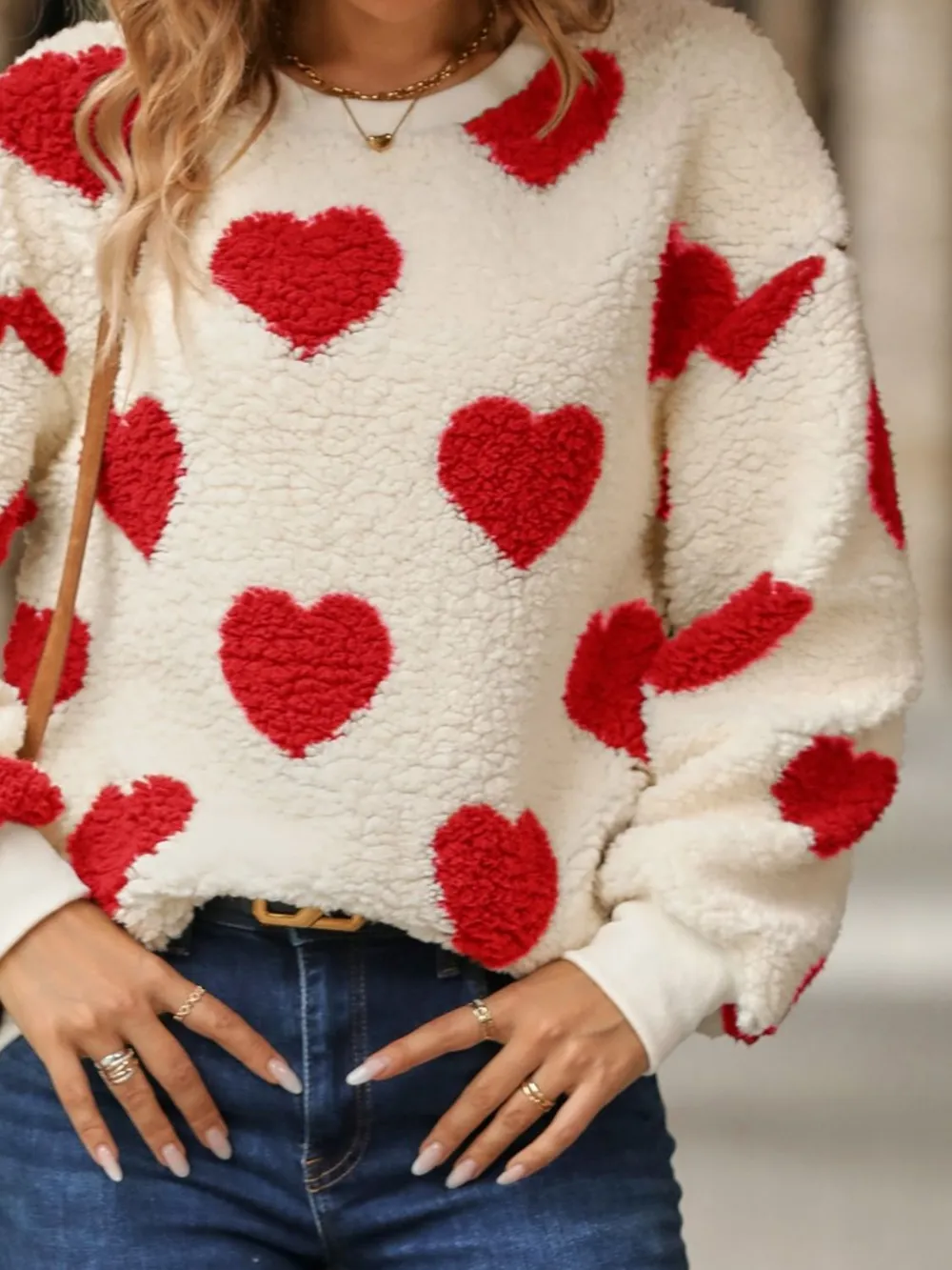 Fuzzy Heart Dropped Shoulder Sweatshirt, image 9