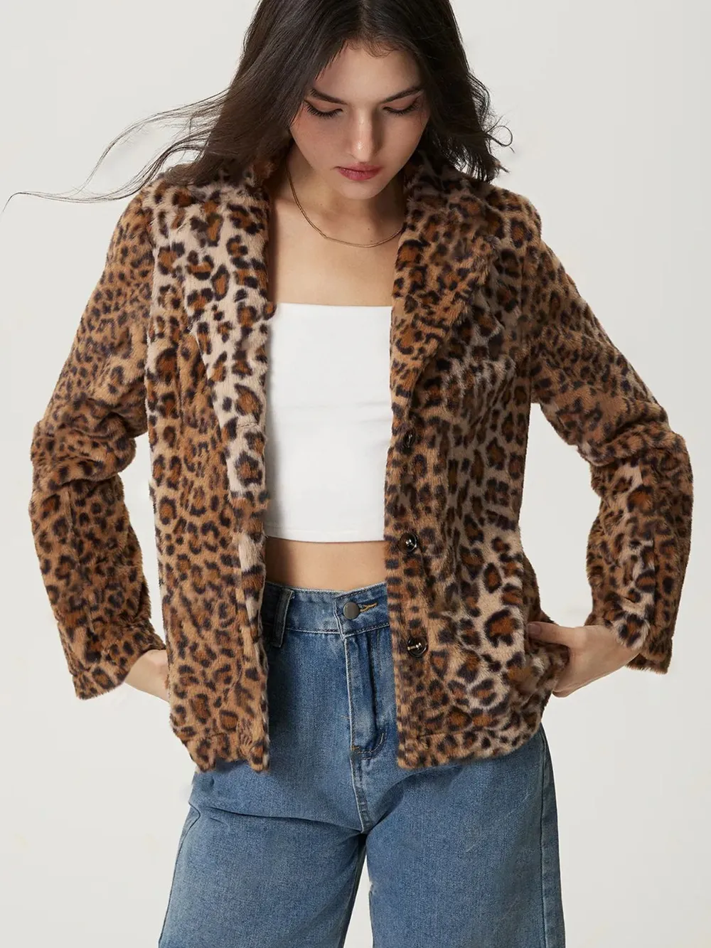 Fuzzy Leopard Collared Neck Jacket, image 5