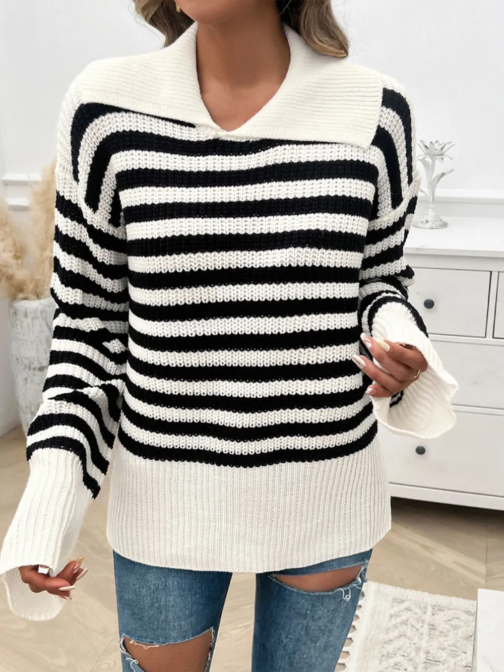 Striped Collared Neck Long Sleeve Sweater, image 12