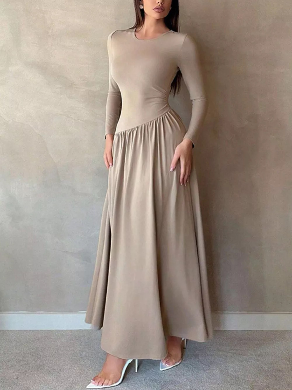 Long Sleeve Ruched A-Line Maxi Dress, image 2