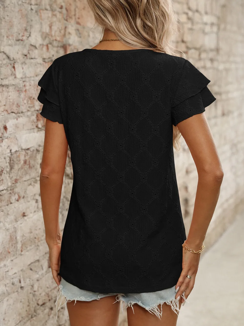 Eyelet Round Neck Double Layered Ruffled Short Sleeve Top, image 5