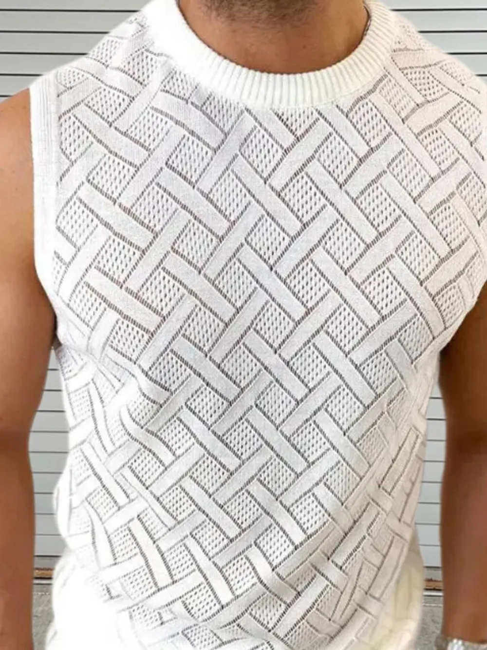 Men's Round Neck Sleeveless Eyelet Knit Top, image 8