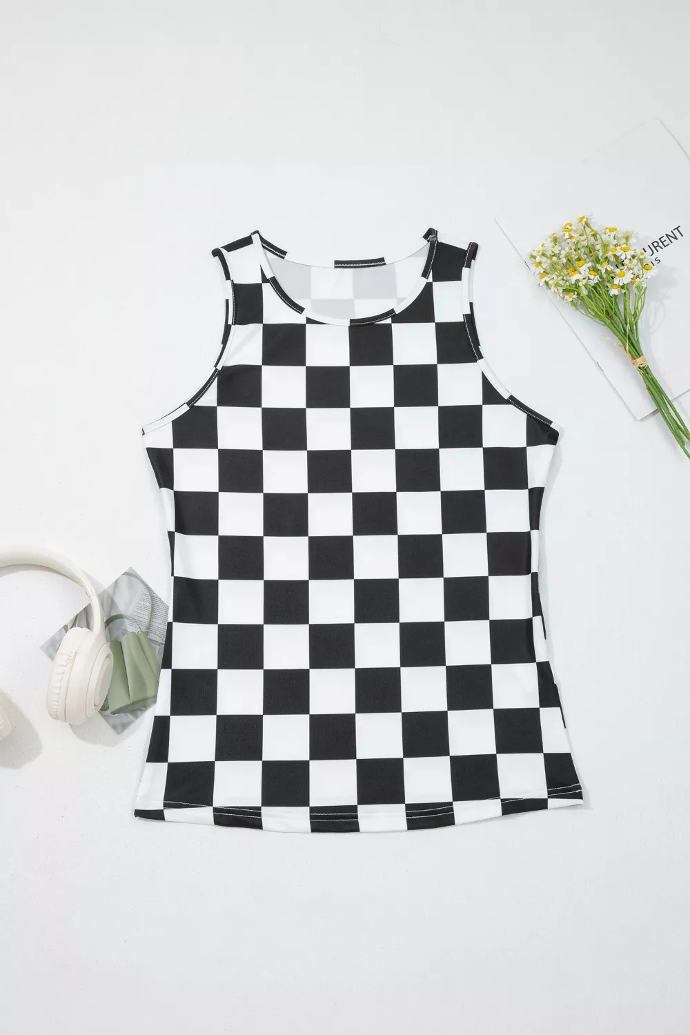 Checkerboard Printed Slim Tank Top, image 2