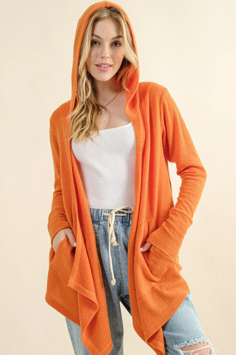 Full Size Thermal Hooded Open Front Cardigan with Pockets