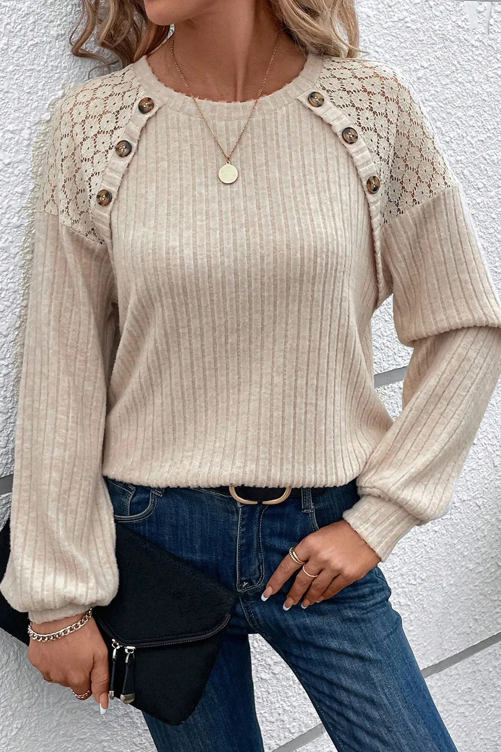 Ribbed Decorative Button Round Neck Top with Lace Detail, image 2