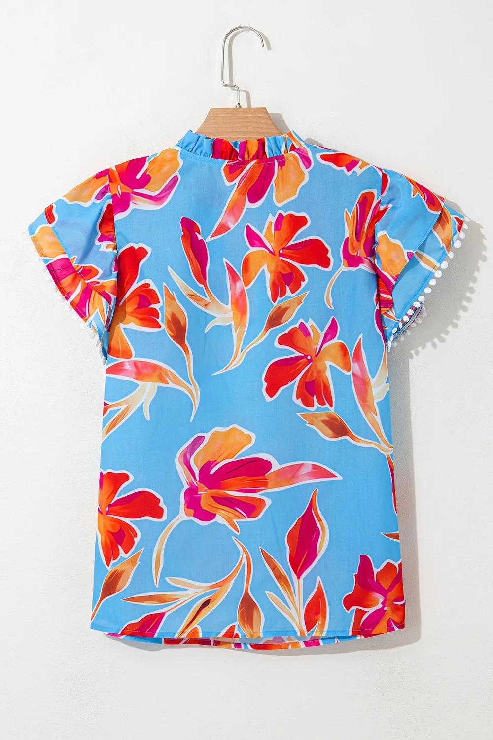 Floral Print Notched Pompom Trim Flutter Sleeve Blouse, image 2