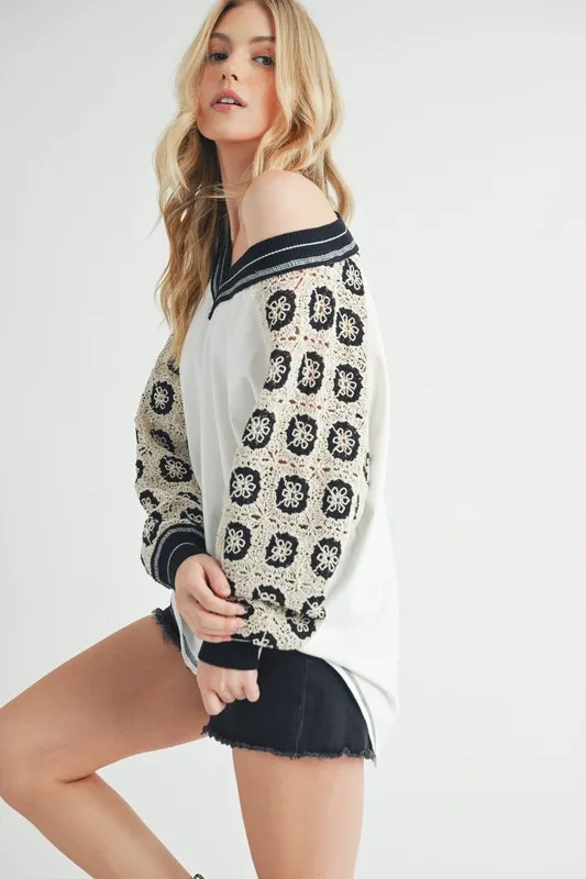 Crochet Contrast Stitching V Neck Top, image 3