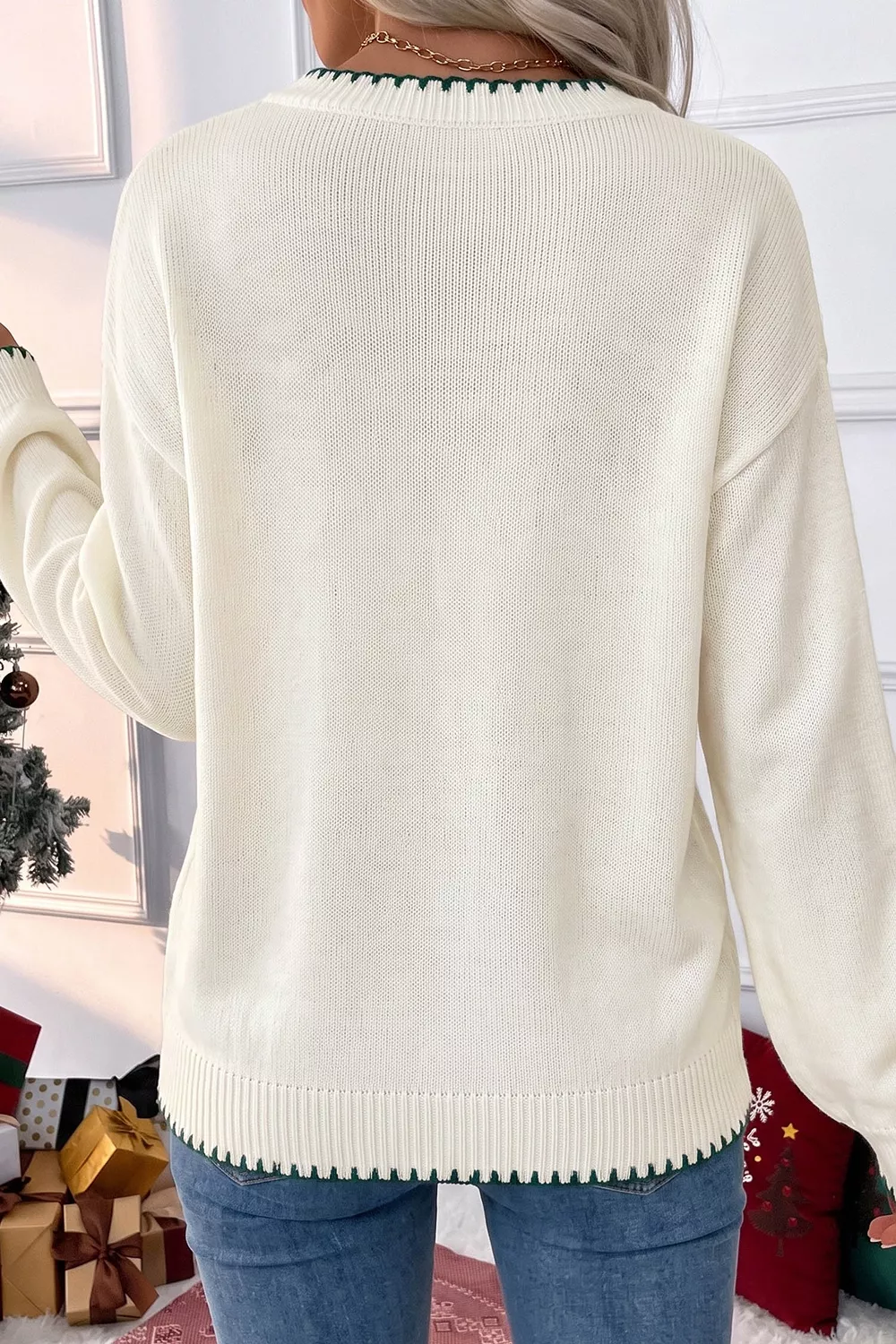 Stitched Detail Christmas Tree Holiday Casual Sweater, image 3