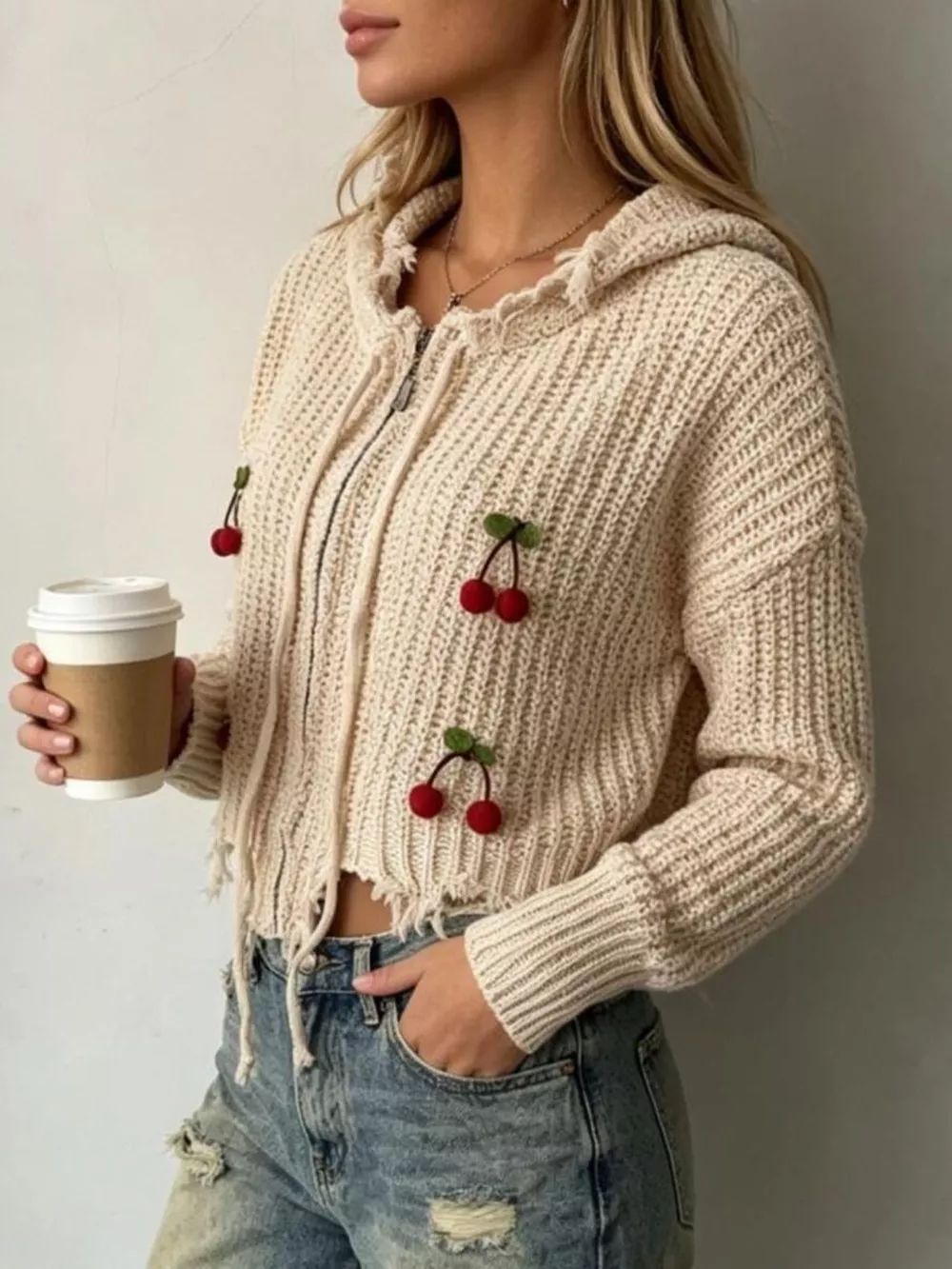 Cherry Knit Zip-Up Hooded Sweater, image 3