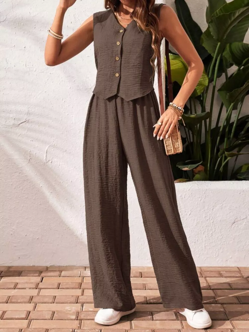 Button-Down Vest & Wide Leg Pants Set, image 3