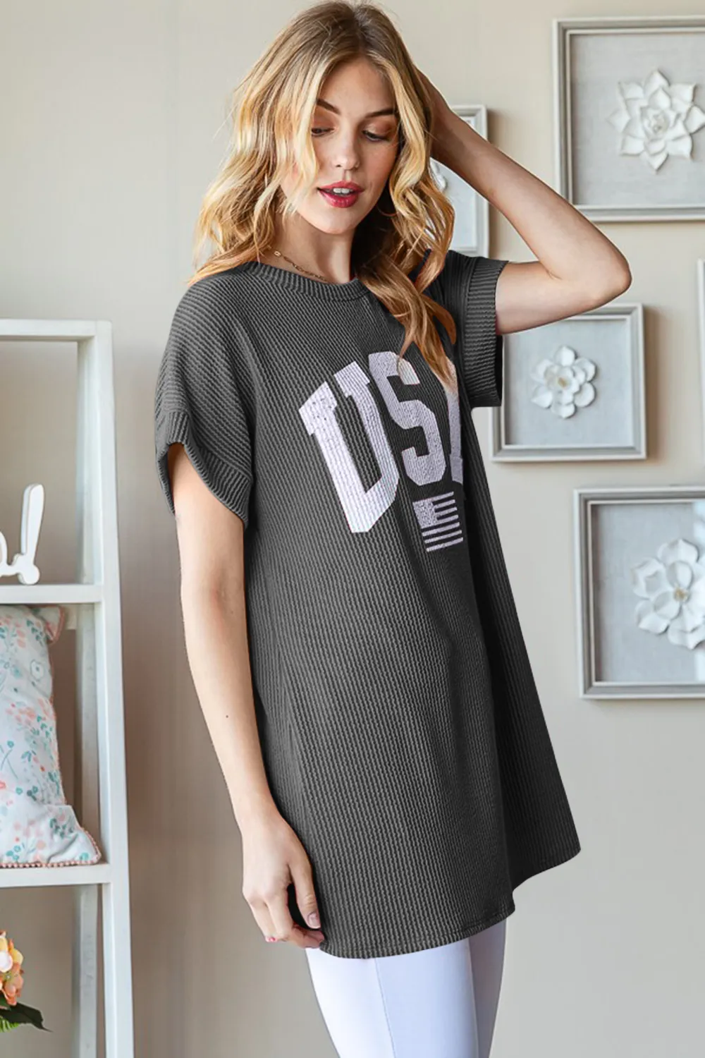 Full Size USA Graphic Short Sleeve Ribbed Top, image 3