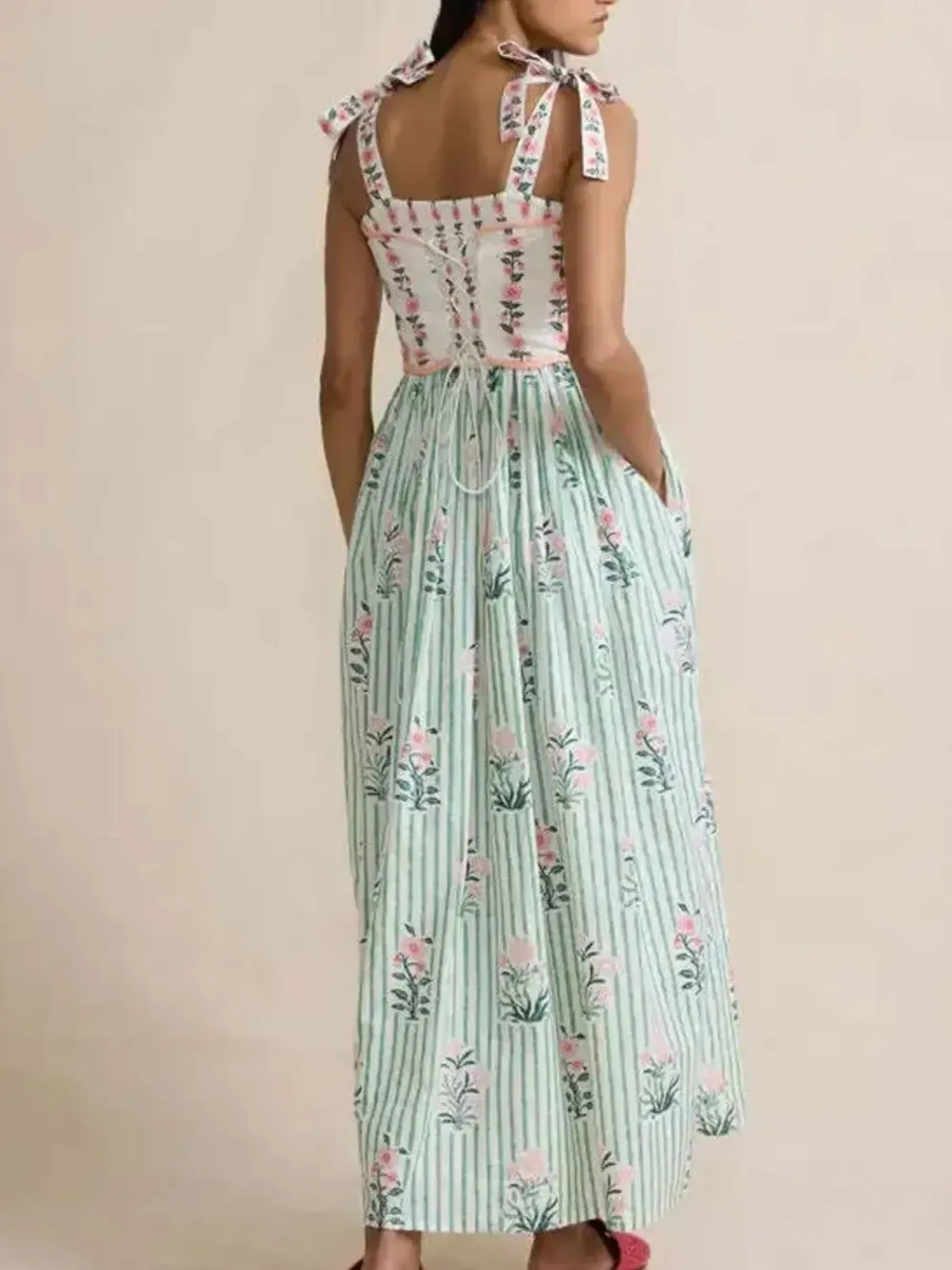 Floral Striped Maxi Cami Dress with Tie Straps, image 3