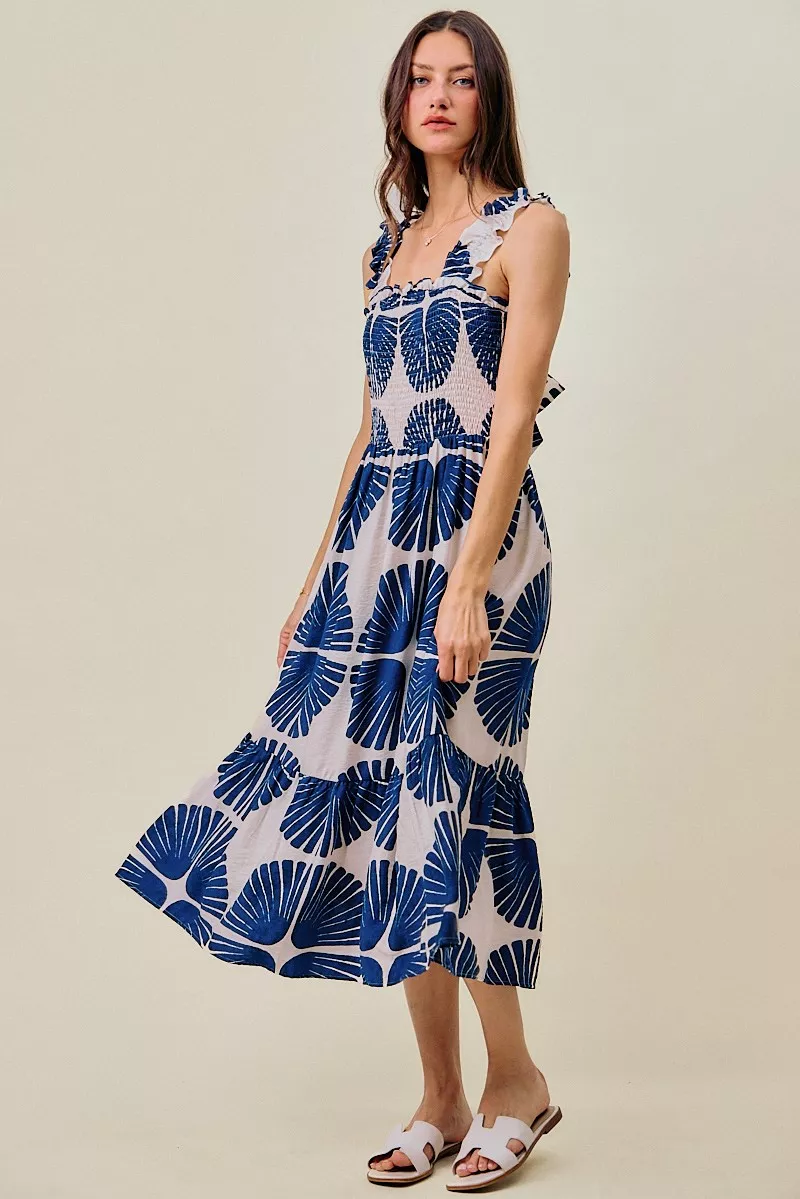 Abstract Print Smocked Bodice Tiered Lined Midi Dress, image 10