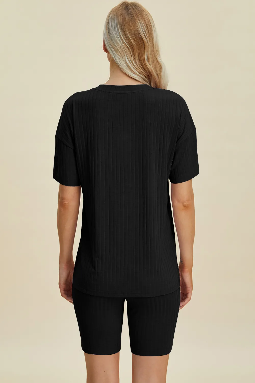 Full Size Ribbed V-Neck Short Sleeve Top and Shorts Set, image 2