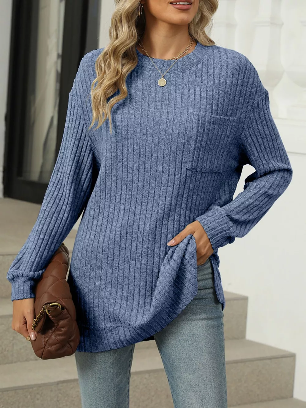 Ribbed Knit Round Neck Sweater, image 7