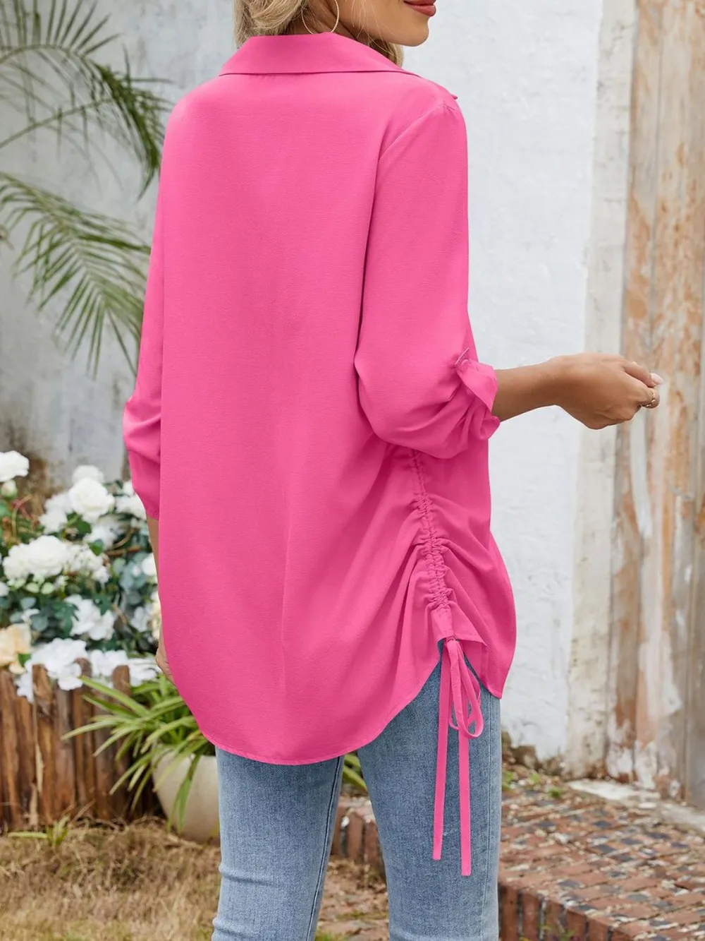 Drawstring Johnny Collared Three-Quarter Sleeve Top, image 3