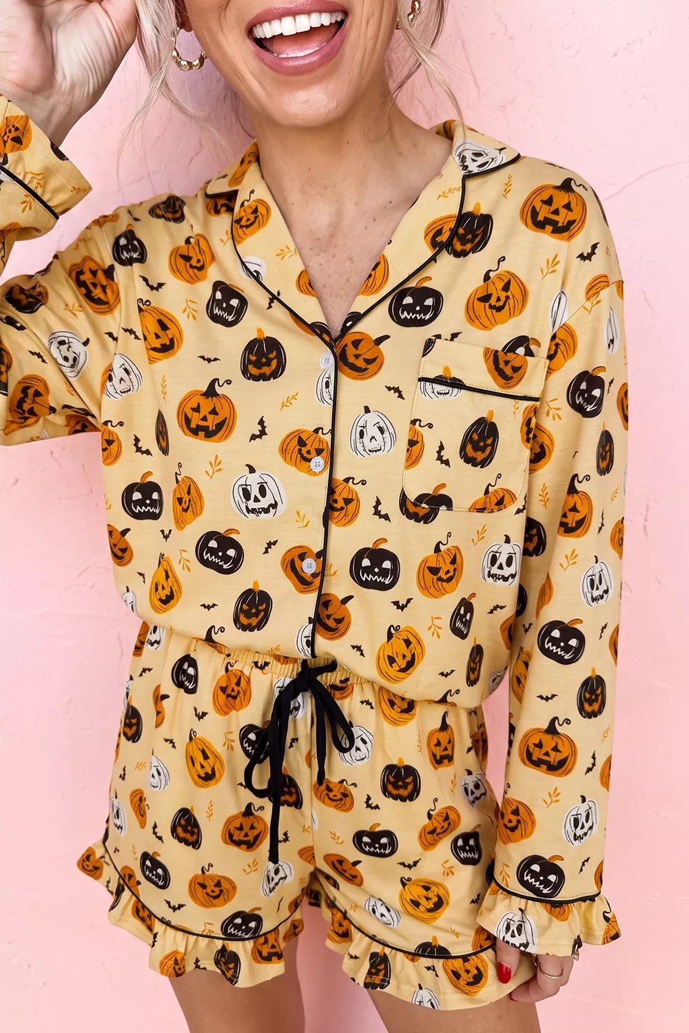 Halloween Pumpkin Print Long Sleeve Two Piece Lounge Set, image 3
