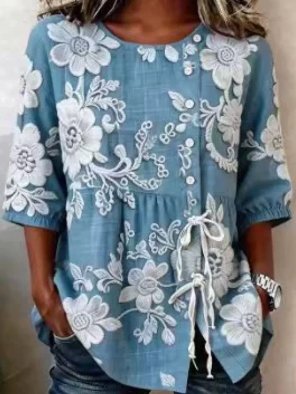 Full Size Embroidered Floral Tie Front Shirt Plus Size, image 16