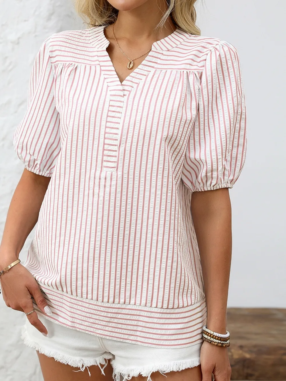 Striped Notched Puff Sleeve Blouse, image 3