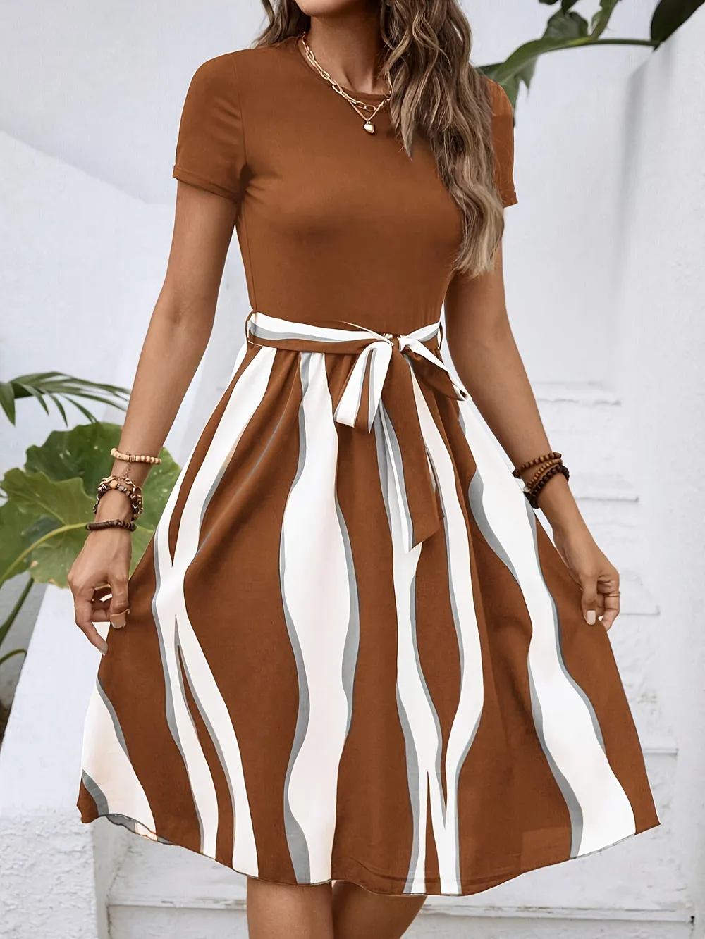 Striped Short Sleeve Tie Waist Dress, image 20
