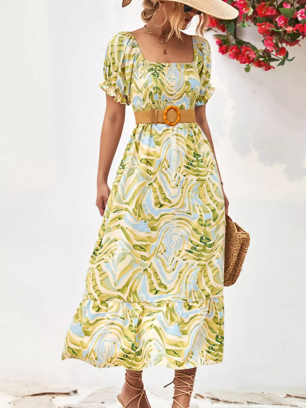 Smocked Printed Puff Sleeve Midi Dress, image 2