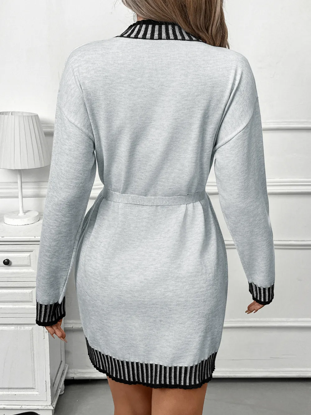 Striped Trim Tie Waist Sweater Dress, image 4