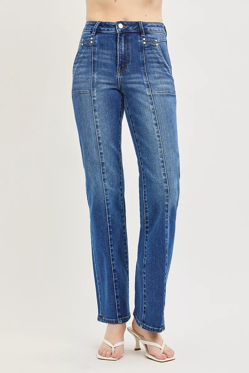 High Rise Straight Patch Pocket Seamed Jeans, image 3
