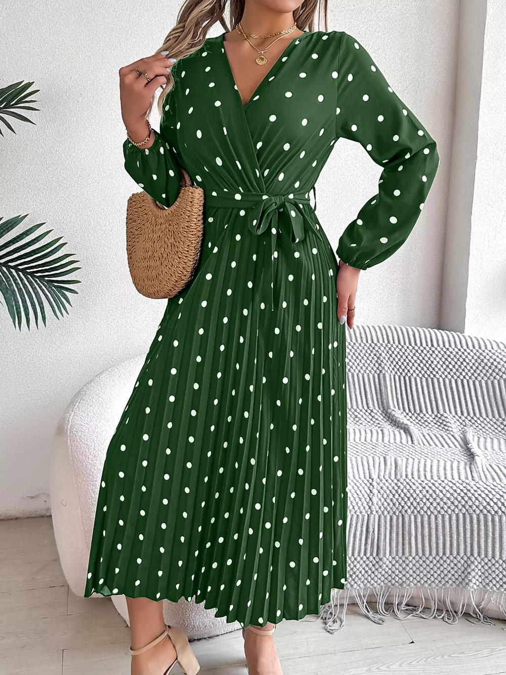 Front Tie Polka Dot Midi Pleated Dress, image 5