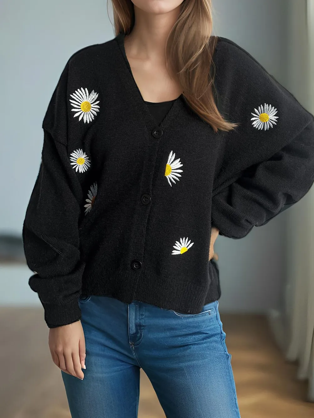 Daisy Button Up V-Neck Cardigan, image 7