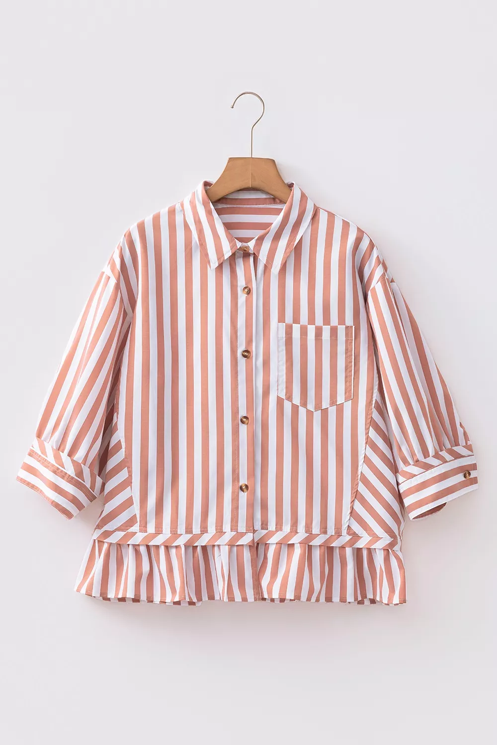 Stripe Collar Button Front Bracelet Sleeve Ruffle Hem Shirt, image 4
