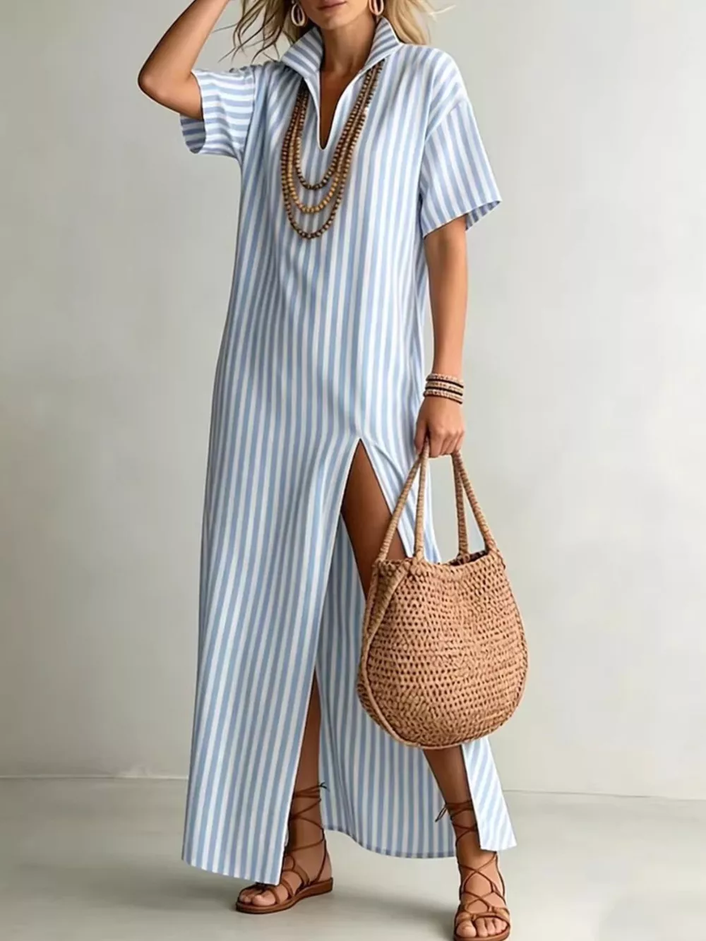 Striped High Slit Maxi Shirt Dress, image 2