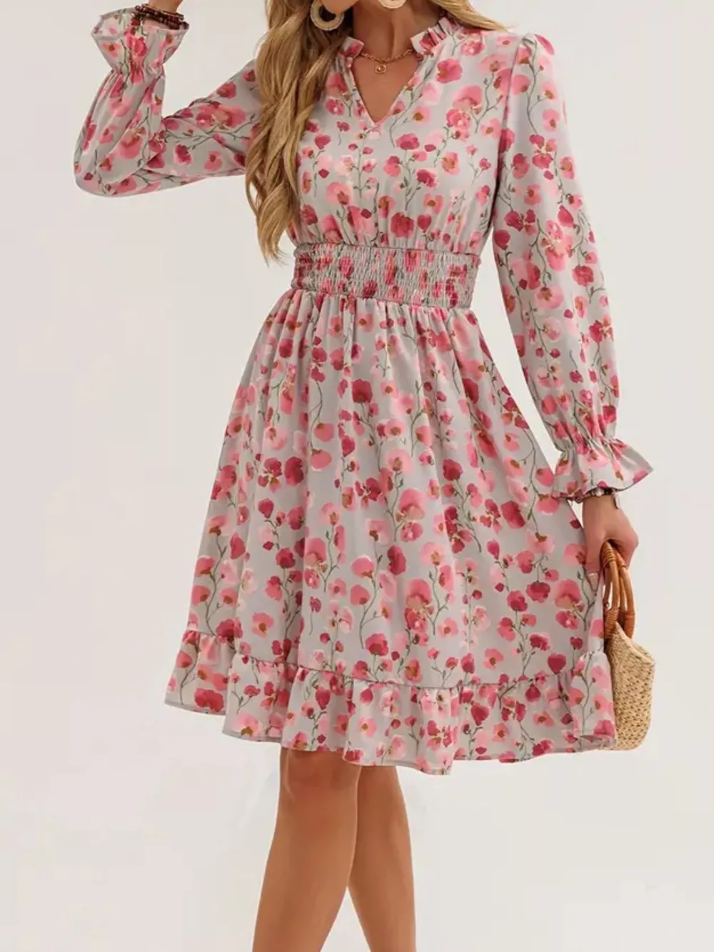 Floral Notched Flounce Sleeve Dress, image 2