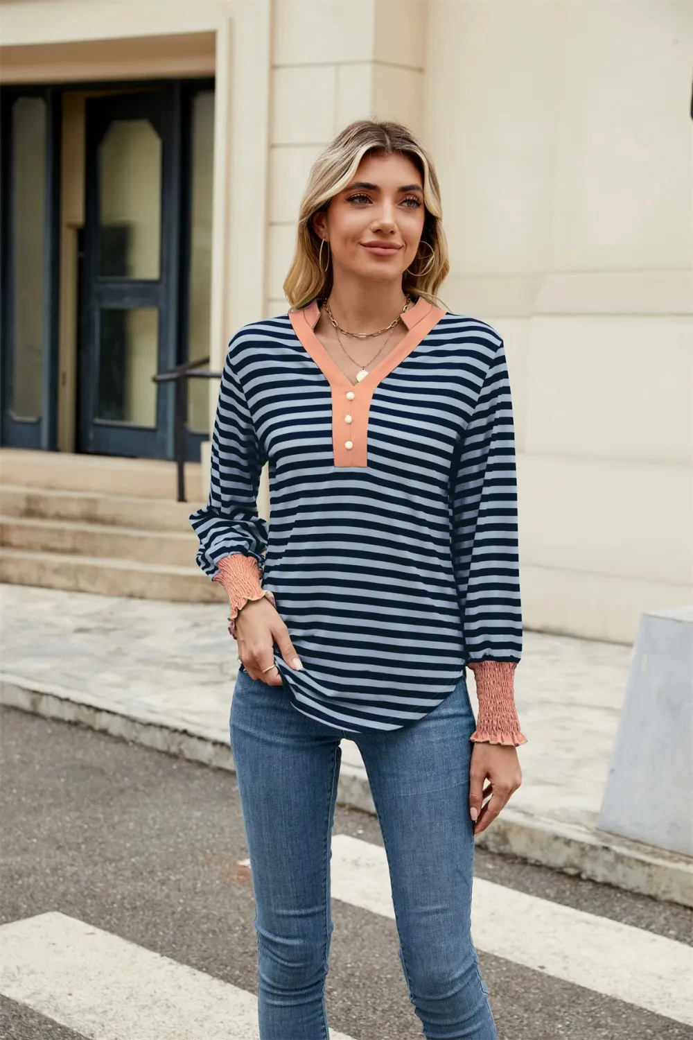 Contrast Striped Notched Long Sleeve Top, image 19