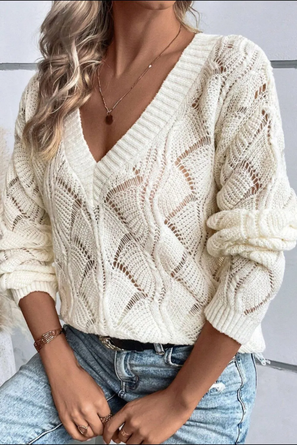 Openwork V-Neck Long Sleeve Sweater, image 5