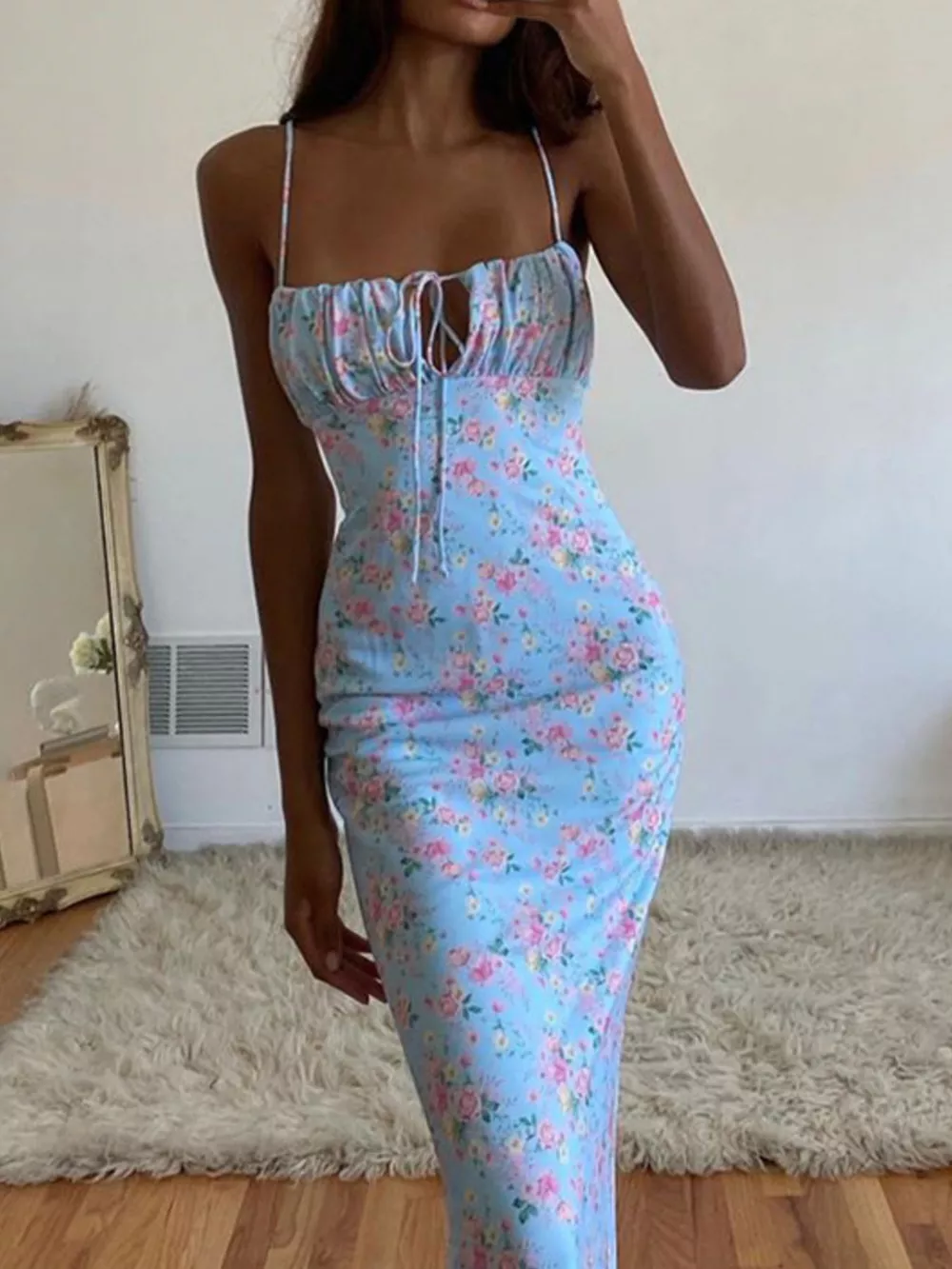 Floral Print Tie Strap Bodycon Maxi Dress, image 2
