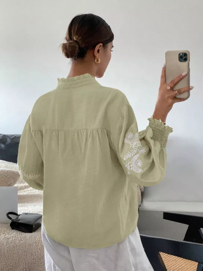 Embroidered Notched Long Sleeve Blouse, image 4
